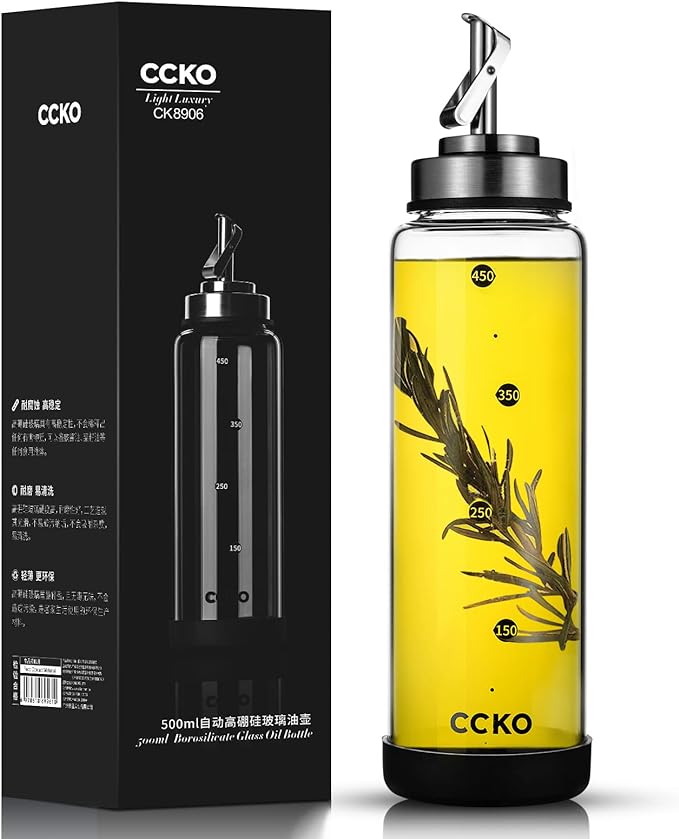 Glass Olive Oil Dispenser Bottle Shatterproof and Leakproof with Stainless Steel Spouts High Temperature Resistant 17oz Cooking Oil and Vinegar Cruet Dispenser