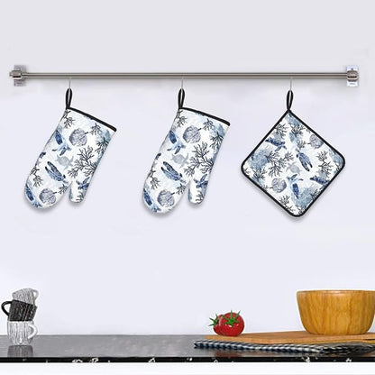 Navy Blue Ocean Sea Turtle Oven Mitts and Pot Holders Sets of 3, Heat Resistant - Image 2