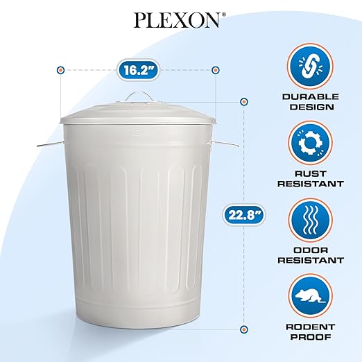 Plexon Round Trash Can 13 Gallon, Vintage Metal Outdoor Trash Can with Lid, Retro Farmhouse Garbage Container, Old School Modern Ash Bucket, Beige 6 Pack