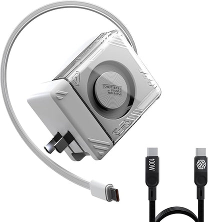 Nillkin FlexLine 65W for Retractable Wall Charger(GaN6), Dual-Port with 28.7in Retractable USB C Cable + 39.3in USB C Cable(Extra), iPhone Charger, MacBook, iPad, Samsung, Fast Charger - White