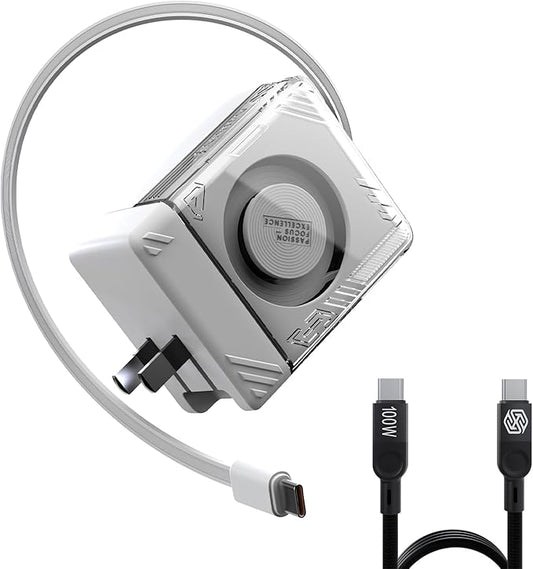 Nillkin FlexLine 65W for Retractable Wall Charger(GaN6), Dual-Port with 28.7in Retractable USB C Cable + 39.3in USB C Cable(Extra), iPhone Charger, MacBook, iPad, Samsung, Fast Charger - White