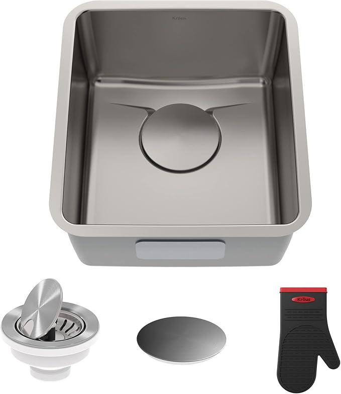 KRAUS Dex 17-Inch Undermount Single Bowl TRU16 Gauge Stainless Steel Kitchen Bar Sink with DrainAssure WaterWay and VersiDrain Assembly in Radiant Pearl Finish, KD1US17B