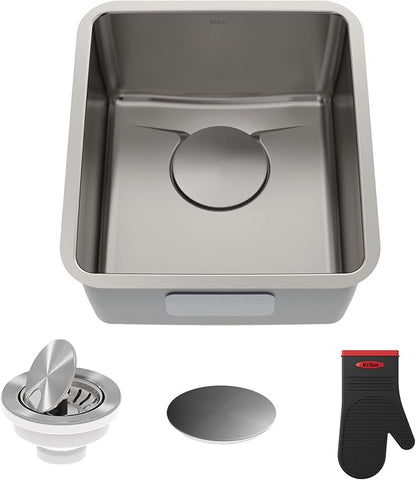 KRAUS Dex 17-Inch Undermount Single Bowl TRU16 Gauge Stainless Steel Kitchen Bar Sink with DrainAssure WaterWay and VersiDrain Assembly in Radiant Pearl Finish, KD1US17B