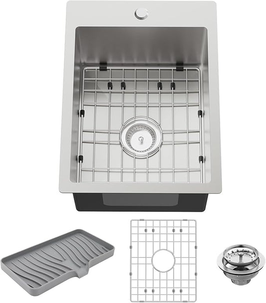 Small Kitchen Sink,15x20 Inch Bar Sink Stainless Steel Drop In Small Kitchen Sink Ideal Choice For Small Space Nice As Toprmount Prep Sink,RV Kitchen Sink With Bottom Grid,Soap Mat And Drain Assembly