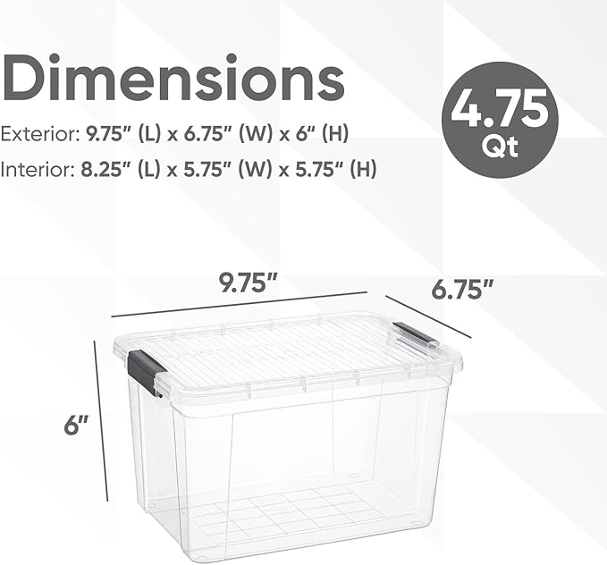 Superio Storage Bins with Lids- 4 Pack, 4.75 Qt Clear Boxes for Organizing, Stackable Plastic Containers- BPA Free, Non-Toxic, Odor Free, Organizer for Home, Office, Dorm
