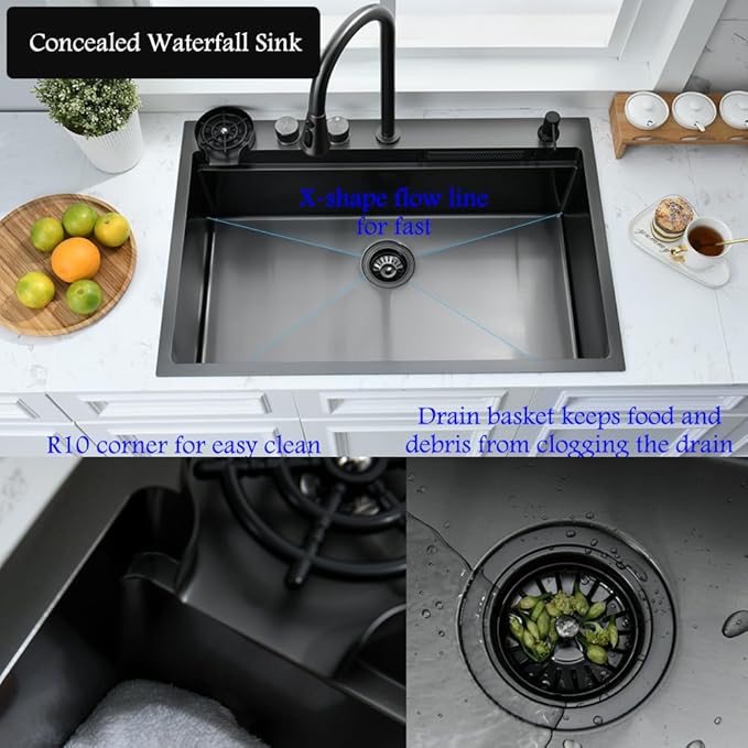 33 Inch Black Waterfall Drop In Kitchen Sink with Fuacet Combo-Bokaiya 33x22 Waterfall Kitchen Sink with Cup Washer Stainess Steel Top Mount 16 Gauge Deep Single Bowl Modern Kitchen Sinks