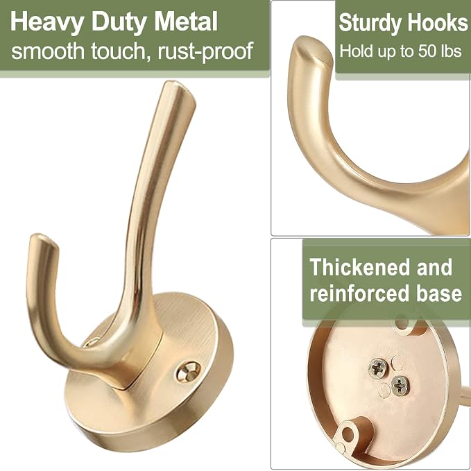 Gold Coat Hooks for Wall, 2 Pack Heavy Duty Towel Robe Hooks, Hats Hooks for - Image 5