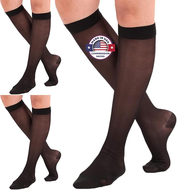 (3 Pairs - Closed Toe) Made in USA - Wide Calf Compression Stockings for Women 15-20mmHg - Womens Compression Knee High Support Socks for Circulation, Embolism, Edema - Black, 3X-Large - A101BL6-3
