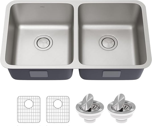 KRAUS Dex 33-inch Undermount 16 Gauge Stainless Steel Double Bowl Kitchen Sink, KA1UD33B