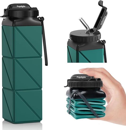 Collapsible Water Bottles 20.6oz Foldable Water Bottle BPA Free Reusable Lightweight LeakProof Travel Silicone Water Bottles for Travel Gym Hiking Camping (Upgrade Dark Green)