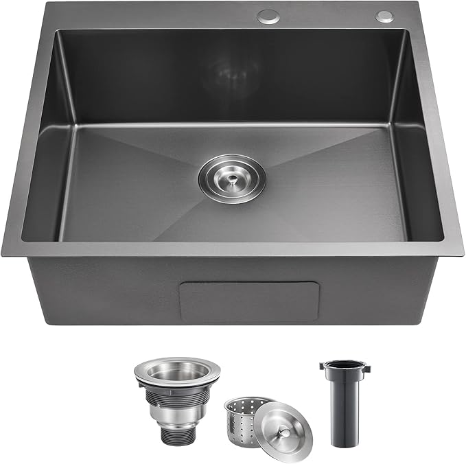 POPFLY 25x22 Inch Drop In Kitchen Sink, 25 Inch Top Mount 9 Inch Deep Single Bowl Utility Laundry SInks 18 Gauge Stainless Steel Outdoor Black Sink with 2 Holes
