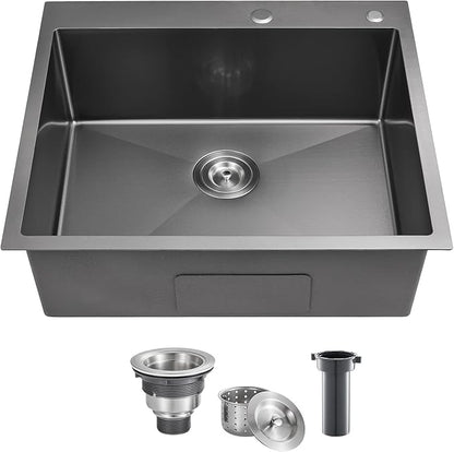 POPFLY 25x22 Inch Drop In Kitchen Sink, 25 Inch Top Mount 9 Inch Deep Single Bowl Utility Laundry SInks 18 Gauge Stainless Steel Outdoor Black Sink with 2 Holes