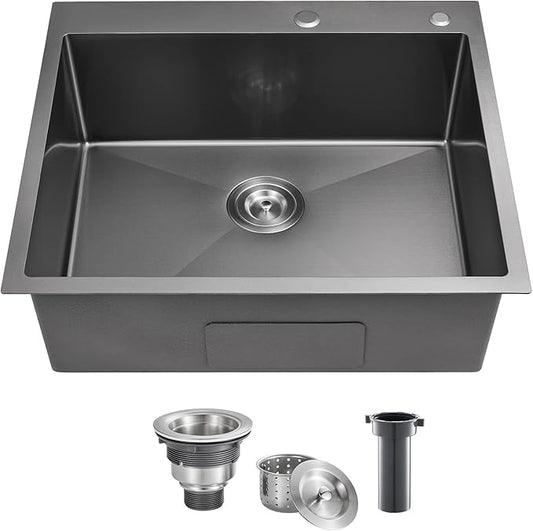 POPFLY 25x22 Inch Drop In Kitchen Sink, 25 Inch Top Mount 9 Inch Deep Single Bowl Utility Laundry SInks 18 Gauge Stainless Steel Outdoor Black Sink with 2 Holes