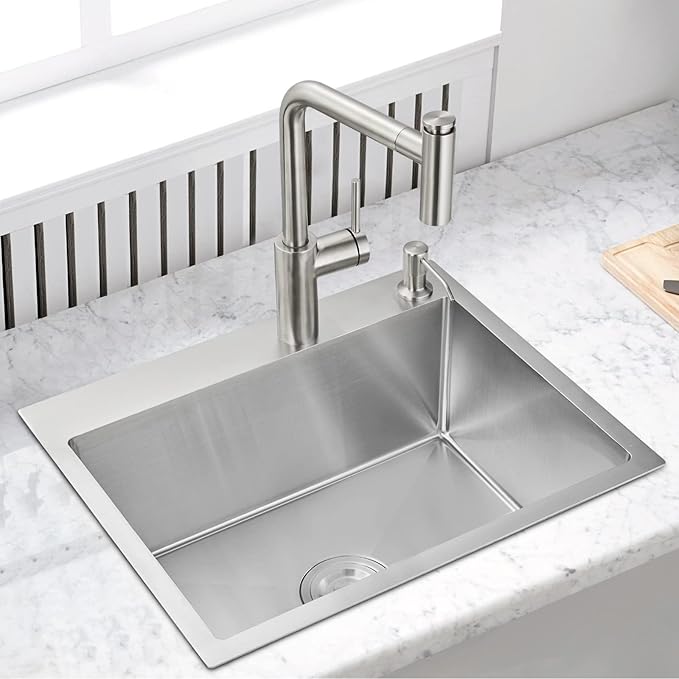 POPFLY 23 Inch Drop In Kitchen Sink, 23×18 Inch Top mount Small Bar Prep Sink,18 Gauge Stainless Steel 9 Inch Deep Single Bowl Utility Sinks with 2 Holes, Brushed