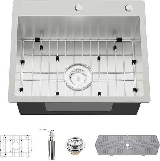 Stainless Steel Drop In Kitchen And Bar Sink - 22x18 Inch Single Bowl Topmount Bar Sink Come With SS Grid,Silicon Mat,Drain Strainer Set