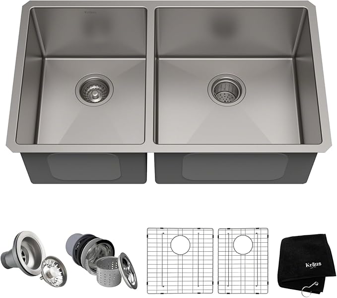 KRAUS Standart Pro 33 -inch Undermount 60/40 Double Bowl 16 Gauge Stainless Steel Kitchen Sink, KHU104-33