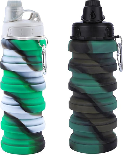 Collapsible Water Bottle for Adults, Boys, Students, Kids, Reusable Silicone Foldable Water Bottles for Travel Camping Hiking Sports,Leak-Proof Portable Sports Water Bottle (Camouflage & Green)