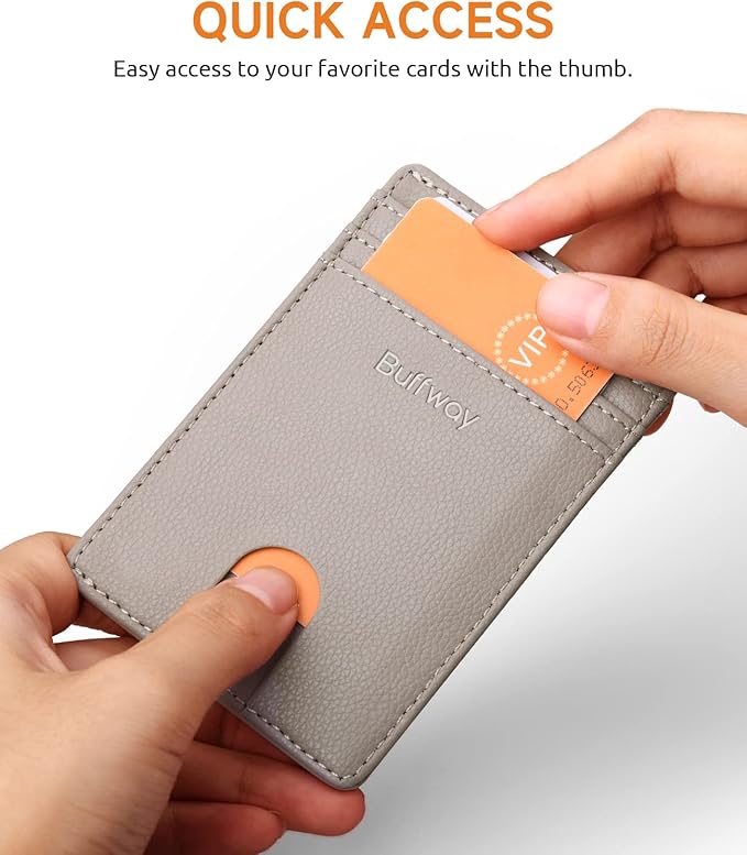 Buffway Mens Slim Wallet, Minimalist Thin Front Pocket Leather Credit Card Holder with RFID Blocking for Work Travel
