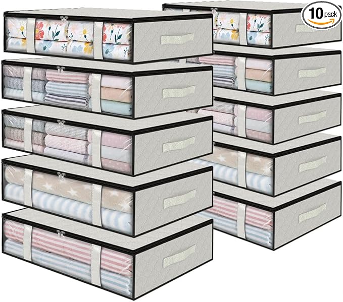 StorageRight Under Bed Storage Bins, 10-Pack 40L Foldable Fabric Storage Bags with Transparent Window, Breathable Organizer for Clothes/Blanket/Comforter/Quilt, White