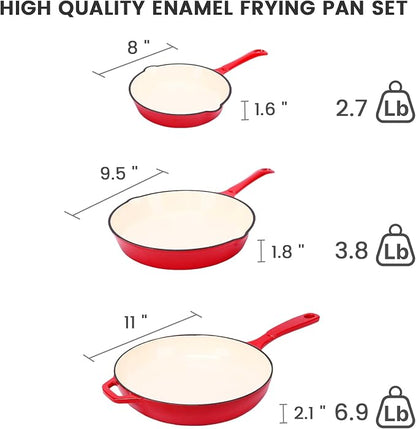 Hisencn Enameled Cast Iron Frying Pan Set, 3 Piece Set of 8''/9.5''/11'' - Image 6