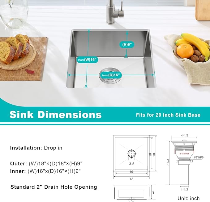 18 Inch Undermount Kitchen Sink Brushed, 18 Gauge T-304 Stainless Steel Handmade Single Bowl Kitchen Bar/Prep Sink Undermount, 18"x18"x9"