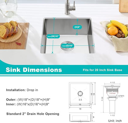 18 Inch Undermount Kitchen Sink Brushed, 18 Gauge T-304 Stainless Steel Handmade Single Bowl Kitchen Bar/Prep Sink Undermount, 18"x18"x9"