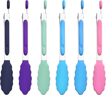 7-Inch Silicone Tongs Pack of 6, Small Stainless Steel Tongs by DAILYKISN