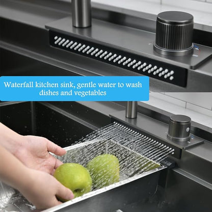 33 Inch Black Waterfall Kitchen Sink Workstation -Bokaiya 33x19 Drop In Kitchen Sink with Faucet Black Stainless Steel Waterfall Sink 16 Gauge Single Bowl Modern Kitchen Sinks with Cutting Board