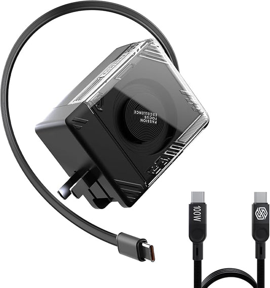 Nillkin FlexLine 65W for Retractable Wall Charger(GaN6), Dual-Port with 28.7in Retractable USB C Cable + 39.3in USB C Cable(Extra), iPhone Charger, MacBook, iPad, Samsung, Fast Charger - Black