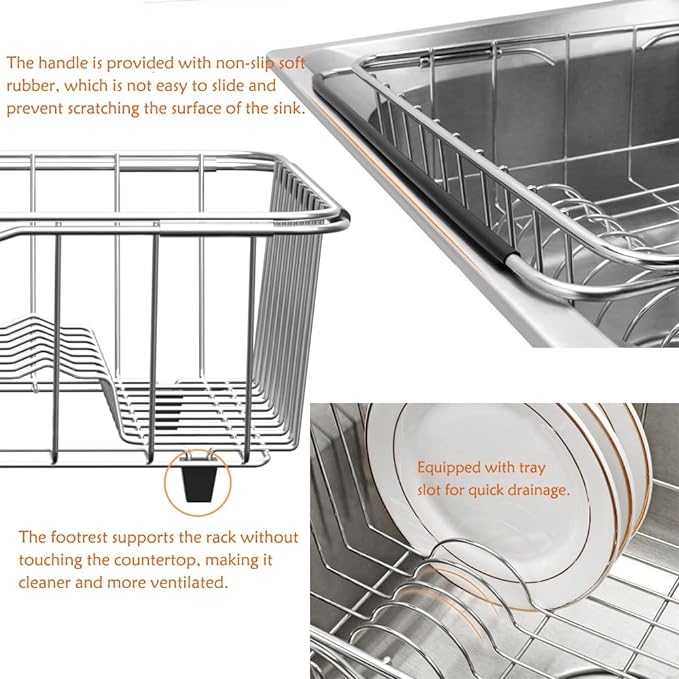 Stainless Steel Dish Drying Rack(15.2"L X 13"W X 5.8"H), Expandable Fruit & Vegetable Drain Rack over Sink, Dish Drainer Rack in Sink, with Stainless Steel Utensil Holder & Silicone Mat(16")