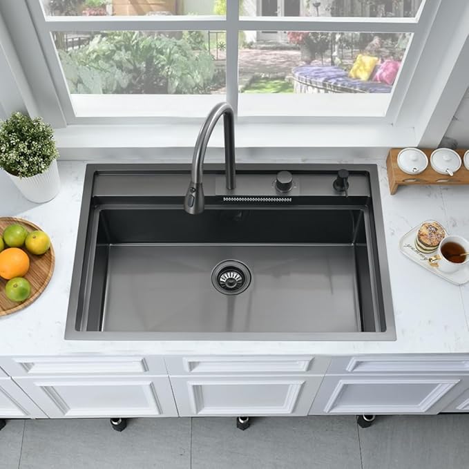 33 Inch Black Waterfall Kitchen Sink Workstation -Bokaiya 33x19 Drop In Kitchen Sink with Faucet Black Stainless Steel Waterfall Sink 16 Gauge Single Bowl Modern Kitchen Sinks with Cutting Board