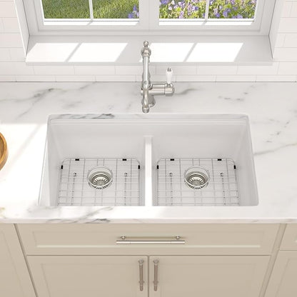 Dcolora 33 Inch Granite Compoisite Kitchen Sink White Undermount Kitchen Sink 50/50 Double Bowl Workstation Elegant Under Counter basin 33"×19“×10”，#DC-GX3327