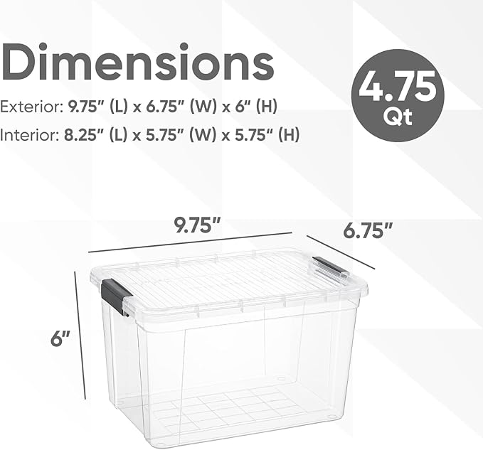 Superio Clear Storage Boxes with Lids, 4.75 Quart Plastic Container Bins for Organizing, Stackable Crates, BPA Free, Non Toxic, Odor Free, Organizers for Home, Office, School, and Dorm
