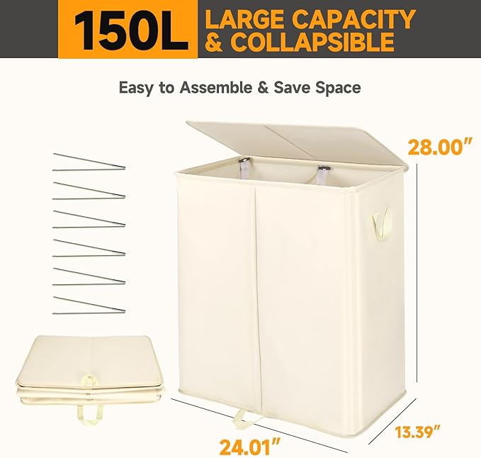 150L Double Laundry Hamper with Lid and Removable Bags,28in Tall Laundry Basket 2 Section,Large Dirty Clothes Hamper 2 Dividers for Bedroom,Laundry Room,Bathroom,Dorm Beige