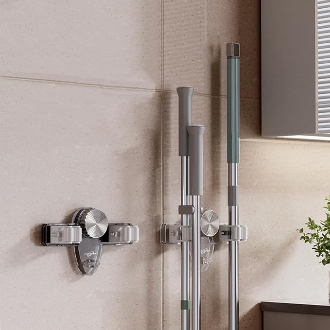 Mop and Broom Holder Wall Mount, No Punching Required Broom and Mop Organizer Wall Hanging with Hooks for Bathroom, Laundry Room, Garage, Kitchen,Garden Tool Organizer Storage (2pcs Gray)