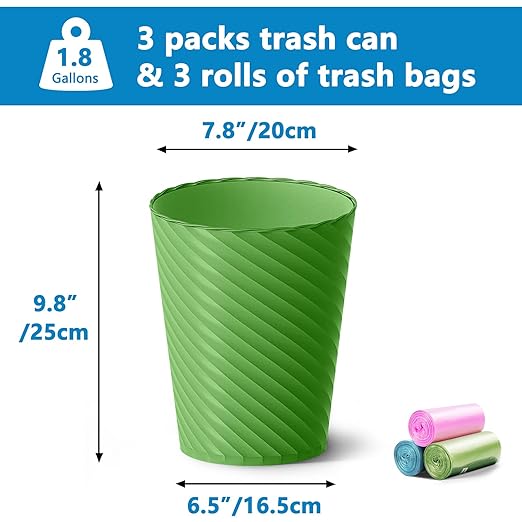 Bathroom Trash Can, 3 Pack 1.8 Gallons Small Trash Can with Trash Bags, Bathroom Garbage Can, Plastic Trash Bin, Round Waste Basket for Bedroom, Office, Compact Space (Pink Purple Green)