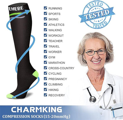 CHARMKING Compression Socks for Women & Men Circulation (3 Pairs) 15-20 mmHg is Best Support for Athletic Running Cycling