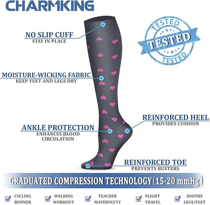 CHARMKING Compression Socks for Women & Men Circulation (3 Pairs) 15-20 mmHg is Best Support for Athletic Running Cycling