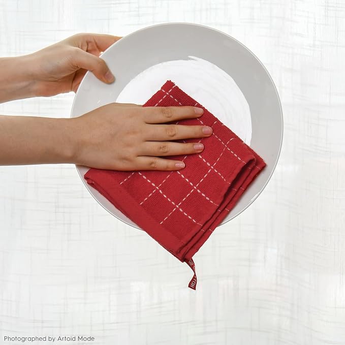 Artoid Mode Checkered Designed Cotton Beige Red Terry Kitchen Dish Cloths - Image 6