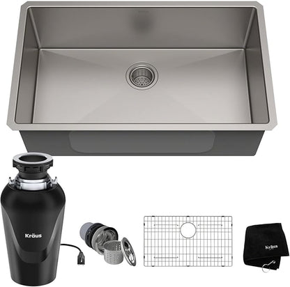 KRAUS Standart PRO™ 32-inch 16 Gauge Undermount Single Bowl Stainless Steel Kitchen Sink with WasteGuard™ Continuous Feed Garbage Disposal, KHU100-32-100-75MB