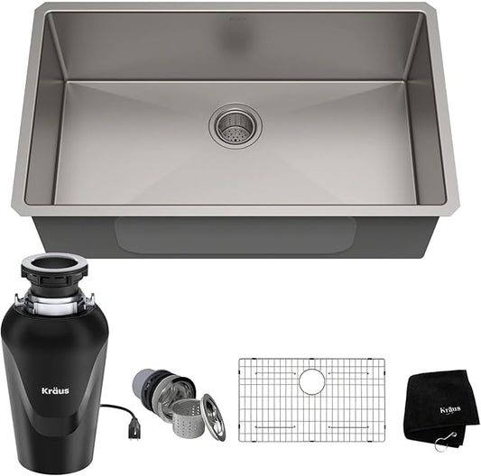 KRAUS Standart PRO™ 32-inch 16 Gauge Undermount Single Bowl Stainless Steel Kitchen Sink with WasteGuard™ Continuous Feed Garbage Disposal, KHU100-32-100-75MB