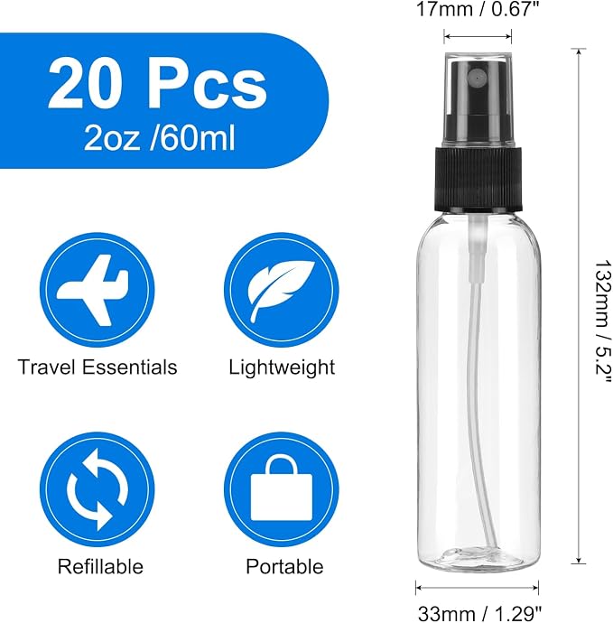 uxcell 20 Pack Spray Bottles, 2 Oz/60ML Clear Empty Mist Plastic Mini Travel - Image 2