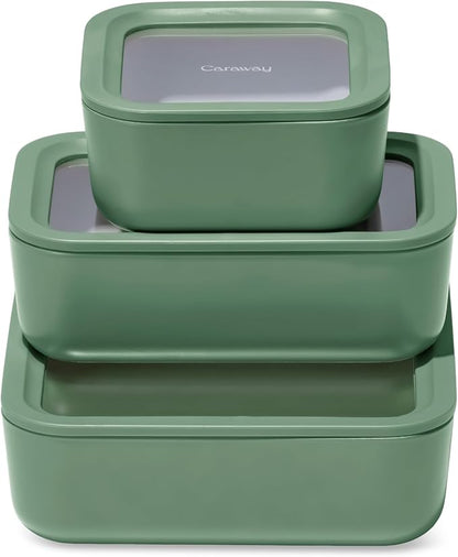 Caraway 3pc Glass Food Storage Set – 10 Cup, 6.6 Cup, & 4.4 Cup Food Containers by Caraway