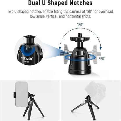 NEEWER Mini Metal Table Tripod with 360° Ball Head, Supports Vertical Recording and Handle, Portable Travel Tripod with 1/4 Inch Screw for Camera Mobile Phone Action Cam, Max. Load 3 kg, TP29
