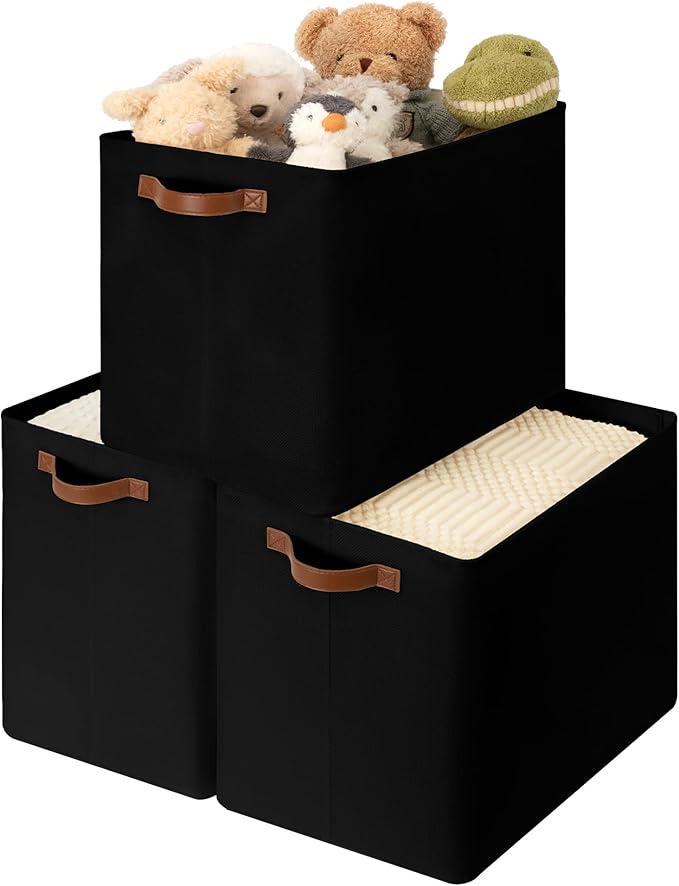 GRANNY SAYS Large Storage Baskets, Closet Storage Bins, Collapsible Storage Bin, Fabric Storage Bins with Metal Frame, Clothes Baskets for Shelves, Towels, Black, 50L, 3-Pack