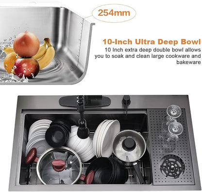 33 Inch Black Drop In Kitchen Sink with Glass Rinser-Bokaiya 33x19 Drop In Sink Stainless Steel Ledge Workstation 16 Gauge Single Bowl Deep Kitchen Sinks with Cup Washer