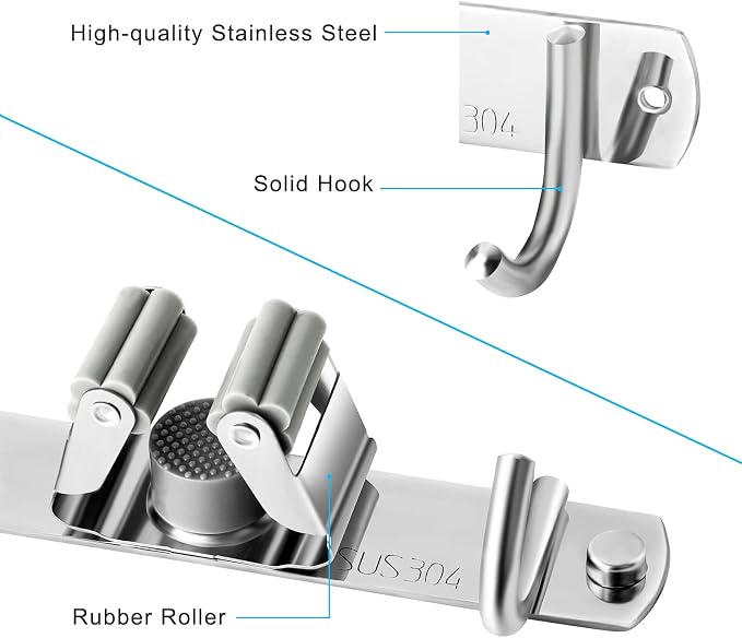 2 Pcs Mop Broom Holder Wall Mounted, Dustpan Holders, Stainless Steel Mop - Image 2