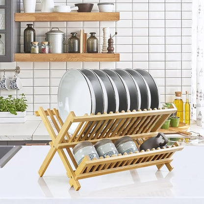KKTONER Bamboo Dish Drying Rack 2 Tier Foldable Plate Organizer Collapsible - Image 2