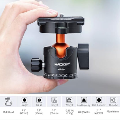 K&F Concept 63" Carbon Fiber Camera Tripods,D254C1+BH-28L Compact Tripod with Detachable Monopod, Metal Ball Head 22lbsLoad Capacity with Quick Release Plate for SLR DSLR Digital Camera/Camcorder