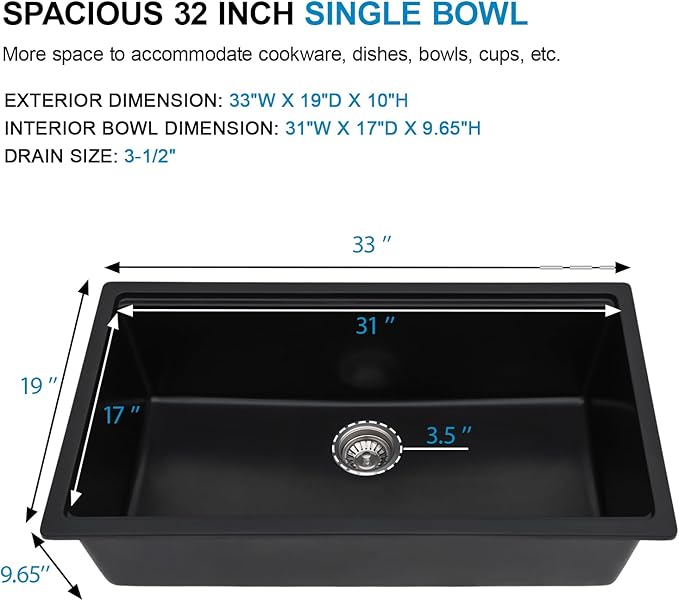 33 Inch Black Granite Composite Kitchen Sink Workstations Black Quartz Undermount Single Bowl Sink with Accessories Single Basin Large Capacity Noise Reduction Quiet Kitchen